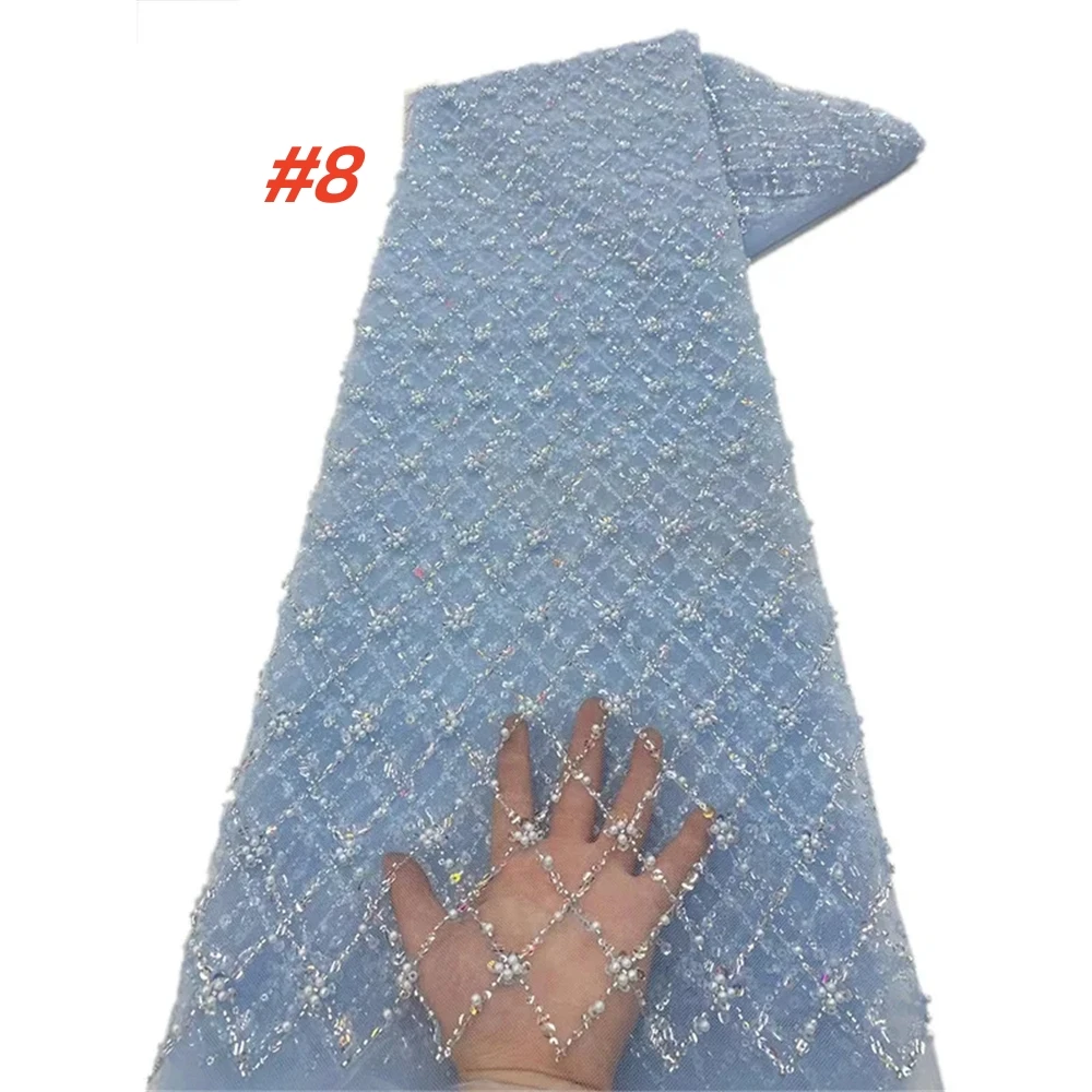 Color: Silver, Length: 1 yard, Width: 120cm - Gold African Sequins Lace Fabric 2025 High Quality French Nigerian Groom Lace Mesh Fabrics Beads For Sewing Dress Wedding Party