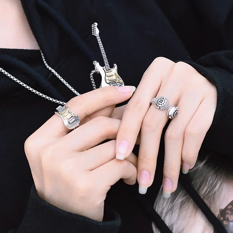 Metal Color: Silver Plated - Retro Punk Music Guitar Necklace for Men Personalized Gothic Pendant Fashion Hip Hop Rock Singer Jewelry Gift