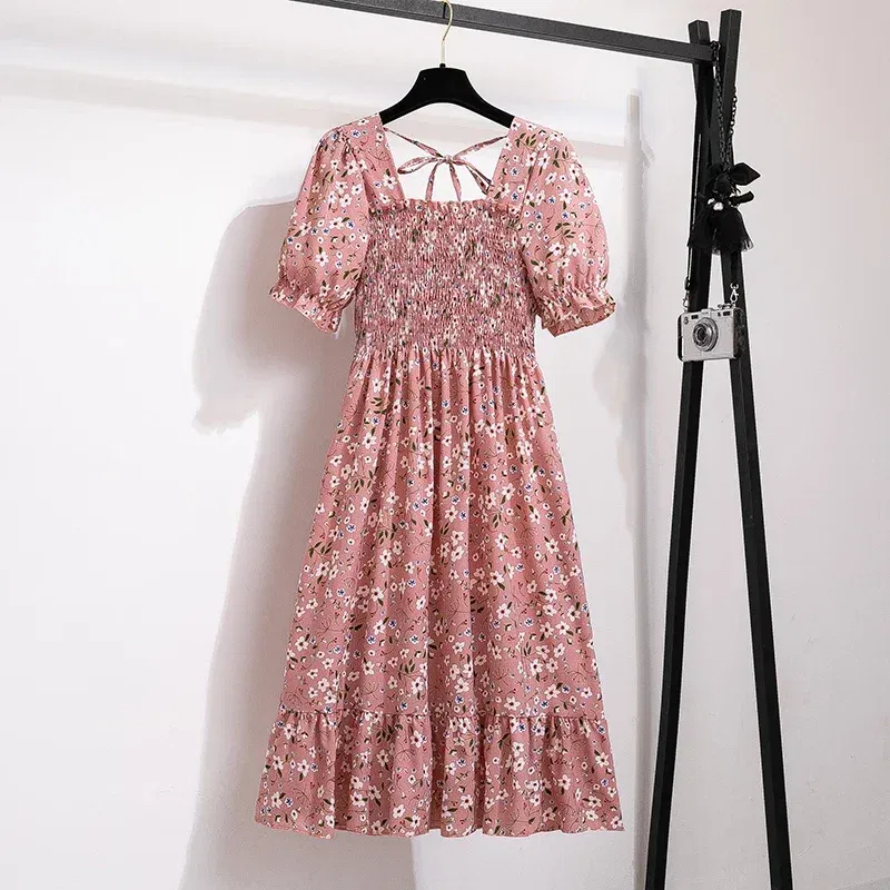 Color: Dark Green, Size: One Size - Spring Summer Chiffon Dresses Fashion Female Elastic Waist Short Sleeve Pleated Casual Dress Women A-line Dresses Vestidos