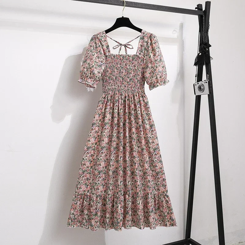Color: Dark Green, Size: One Size - Spring Summer Chiffon Dresses Fashion Female Elastic Waist Short Sleeve Pleated Casual Dress Women A-line Dresses Vestidos