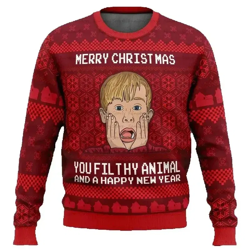 Color: Blue, Size: XXL, Ships From: CHINA - Merry Christmas alone at home Ugly Christmas sweater cartoon animation Men's pullover 2026 fashionable couple shirts Sweatshirt