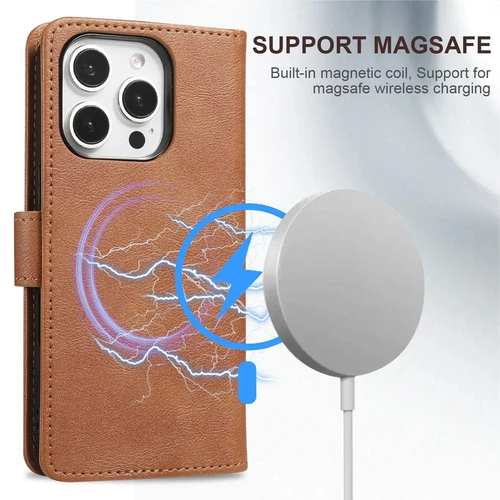 Color: Red, Material: PU - 2 in 1 MagSafe Wallet Case for IPhone 16 Promax 15 Plus 14 Pro Max 13 12 Iphone16 Magnetic Wireless Charging Phone Cover