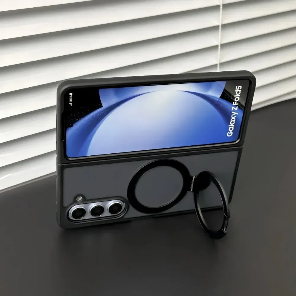 Color: black, Material: aluminum - For Samsung Galaxy Z Fold 5 6 Magsafe Case Matte Translucency Ring Bracket Folding Shockproof Magnetic Wireless Charging Cover
