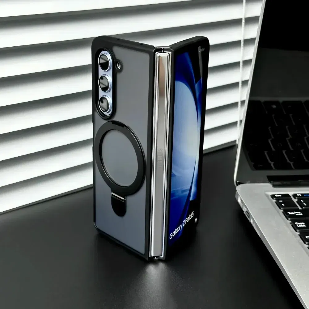 Color: black, Material: aluminum - For Samsung Galaxy Z Fold 5 6 Magsafe Case Matte Translucency Ring Bracket Folding Shockproof Magnetic Wireless Charging Cover