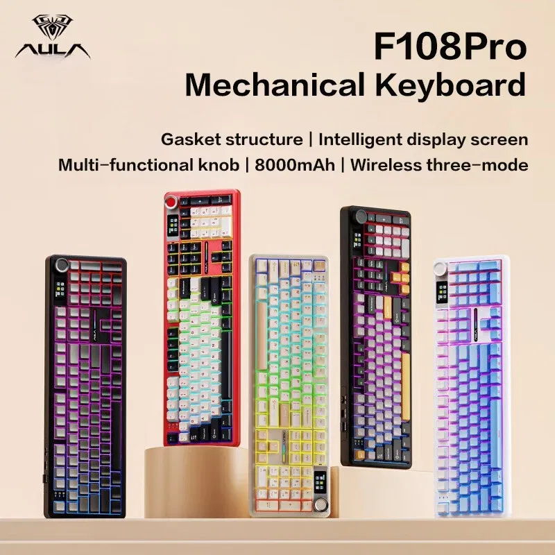 Color: Khaki - AULA F108 Pro Mechanical Keyboard Three-mode Bluetooth /2.4G/ Wired Customized Full-key Hot-swapable Gasket Structure RGB Light