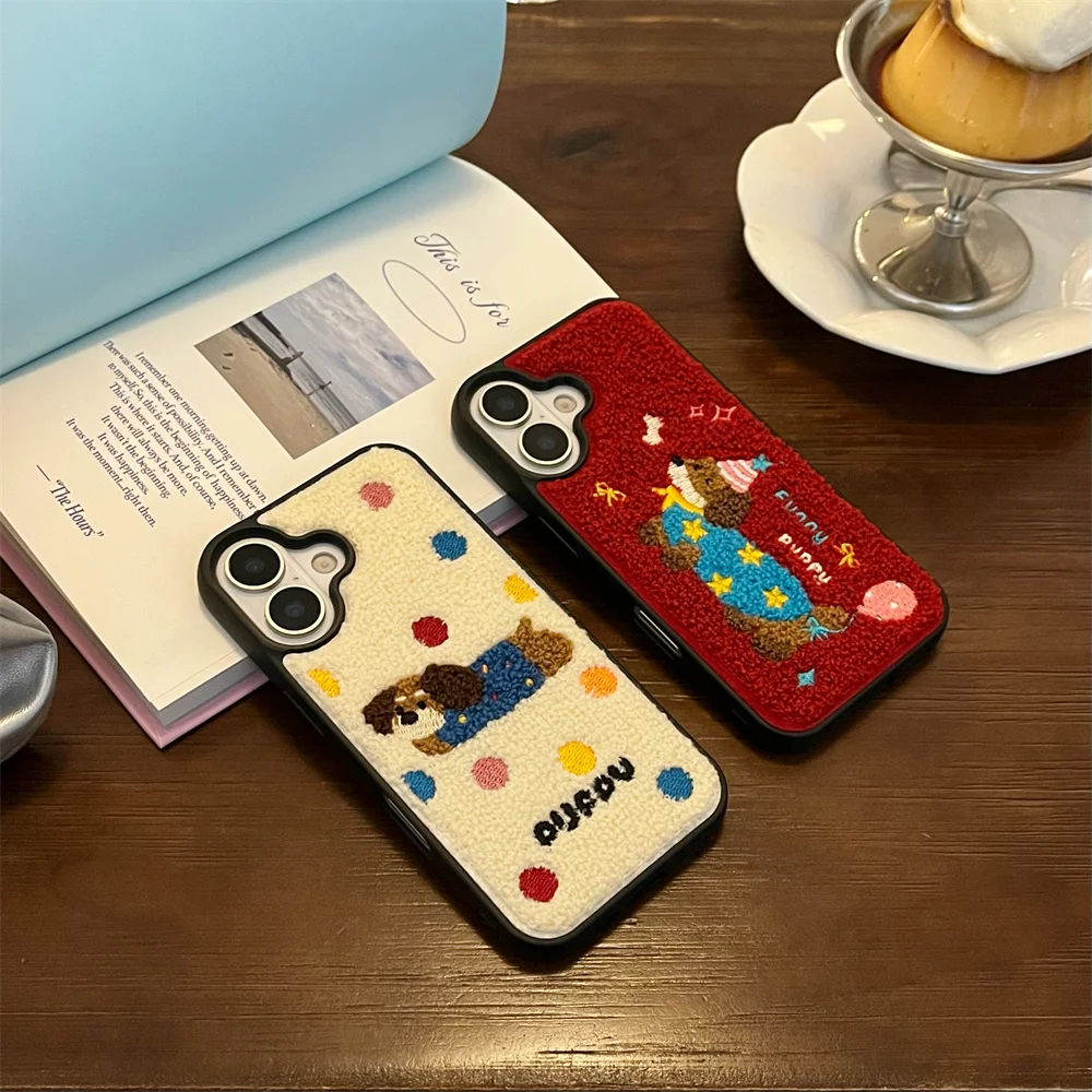 Color: black, Material: Carbon Fiber - Luxury Cartoon Embroidery Cute Dog Cats Colorful Dots Phone Case For iPhone 13 14 15 16 Pro Max Plush Winter Shockproof Cover