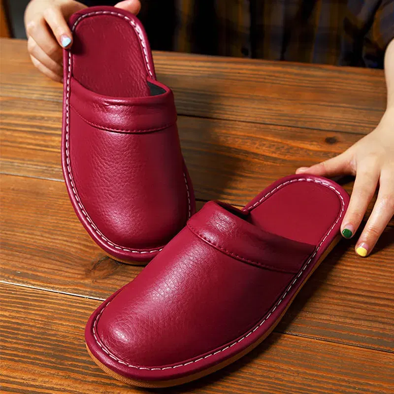 Color: Brown, Shoe Size: 4.5 - Mens Bedroom Leather Slippers Unisex Black Home Shoes Big Size 47 48 Man's Slippers Indoor Comfy Males Slides Family Flats Shoes