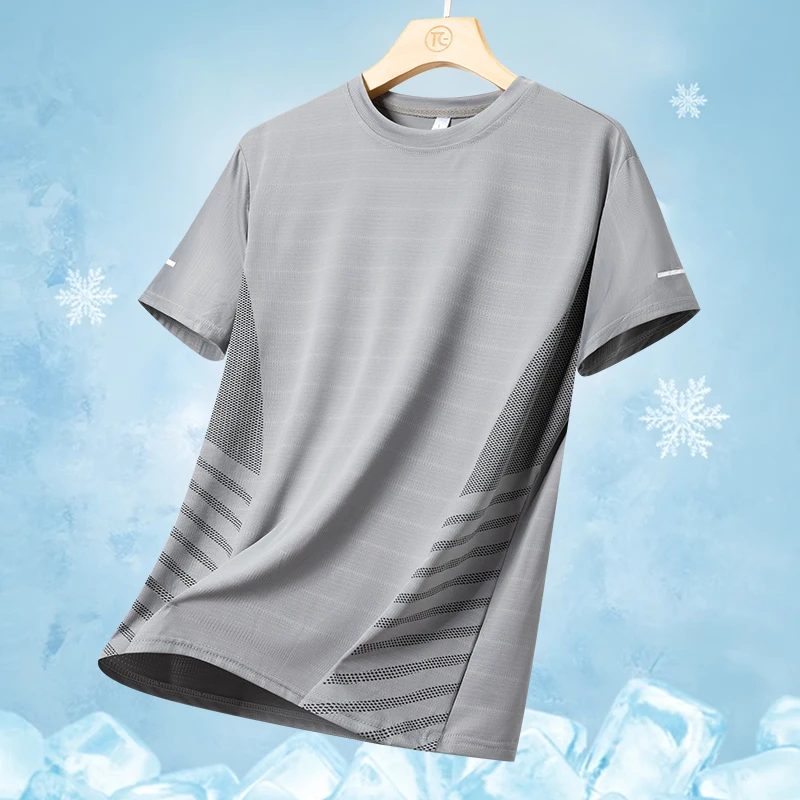 Color: Dark Grey, Size: 5XL - Men's Silk Ice Round Collar T-shirt, Simple Running Fitness Suit, Breathable Thin T-shirt, Quick Dry T-shirt, Summer