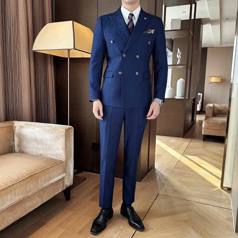Color: SKY BLUE, Size: XL - 2025 Men's Double Breasted 3/2 Piece Business Casual Wedding Dress Suit with Trousers Regular Fit Bridegroom High Sense