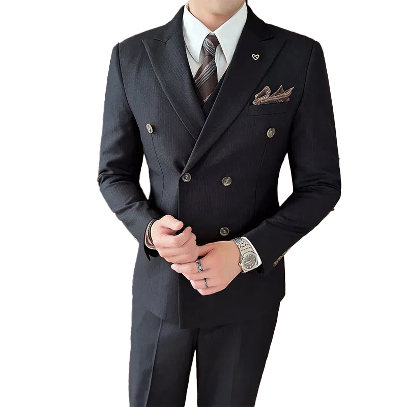 Color: SKY BLUE, Size: XL - 2025 Men's Double Breasted 3/2 Piece Business Casual Wedding Dress Suit with Trousers Regular Fit Bridegroom High Sense