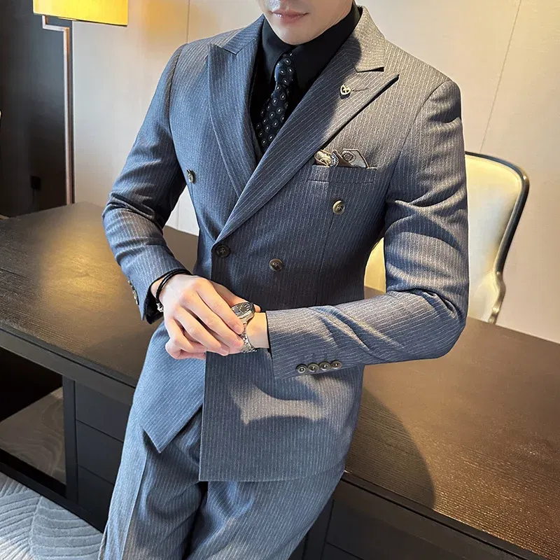 Color: SKY BLUE, Size: XL - 2025 Men's Double Breasted 3/2 Piece Business Casual Wedding Dress Suit with Trousers Regular Fit Bridegroom High Sense