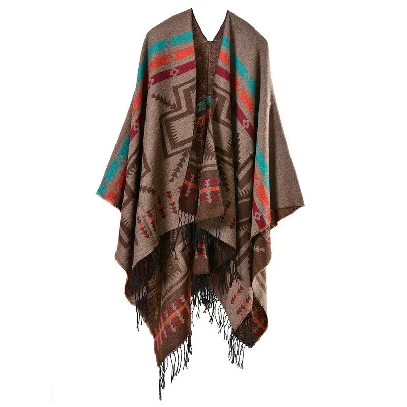 Color: ROYAL BLUE, Size: One Size - European American Popular Tassel Thickened Cashmere Like National Style Travel Fork Shawl Scarf in autumn Ponchos Capes P9