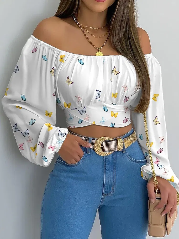 Color: Blue, Size: M - Women Sexy Off Shoulder Blouse Chic and Elegant Printing Lantern Long Sleeve Lace Up Bow Cropped Tops Casual Slim Shirts 2024