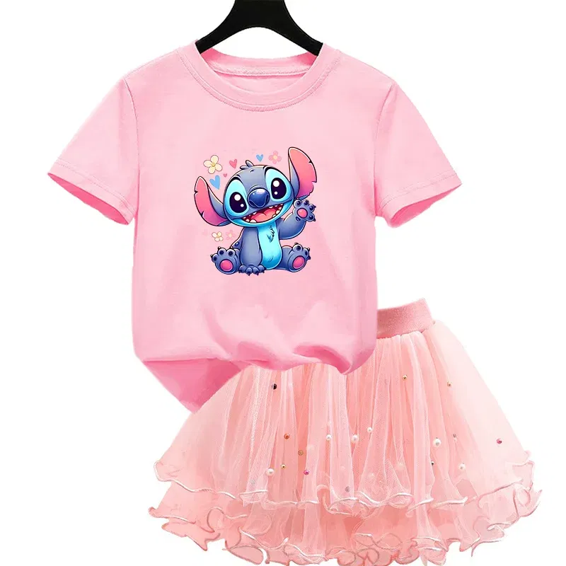 Color: PURPLE, Kid Size: 2T - 2pcs Lilo Stitch Summer Girls Outfits Cartoon T-shirt and Tutu Skirt Princess Clothes Suit Children Birthday Clothing Sets