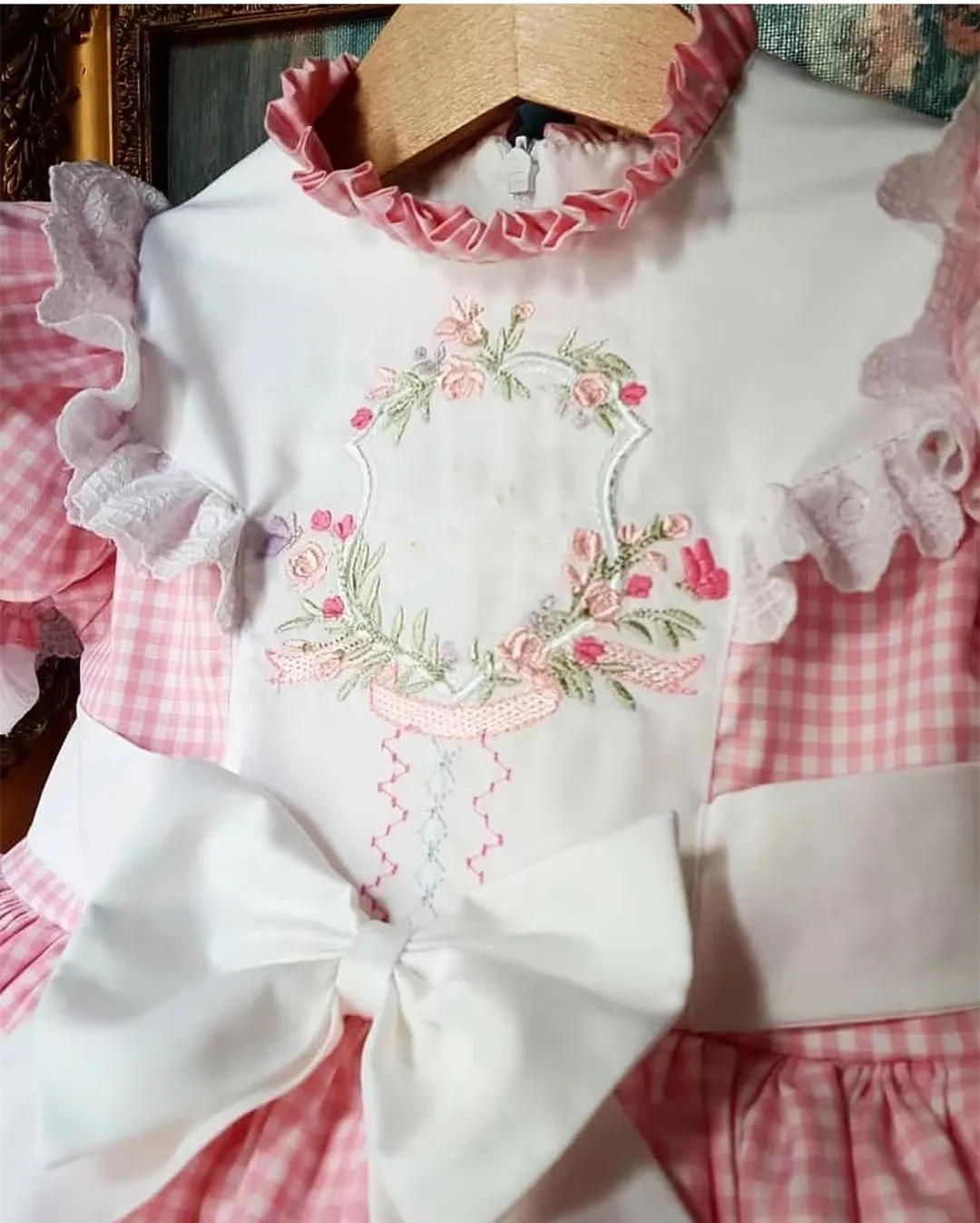 Color: Beige, Kid Size: 8 - Baby Summer Pink Plaid Flower Embroidery Turkish Princess Dress for Birthday Wedding Baptism Holiday Casual B138