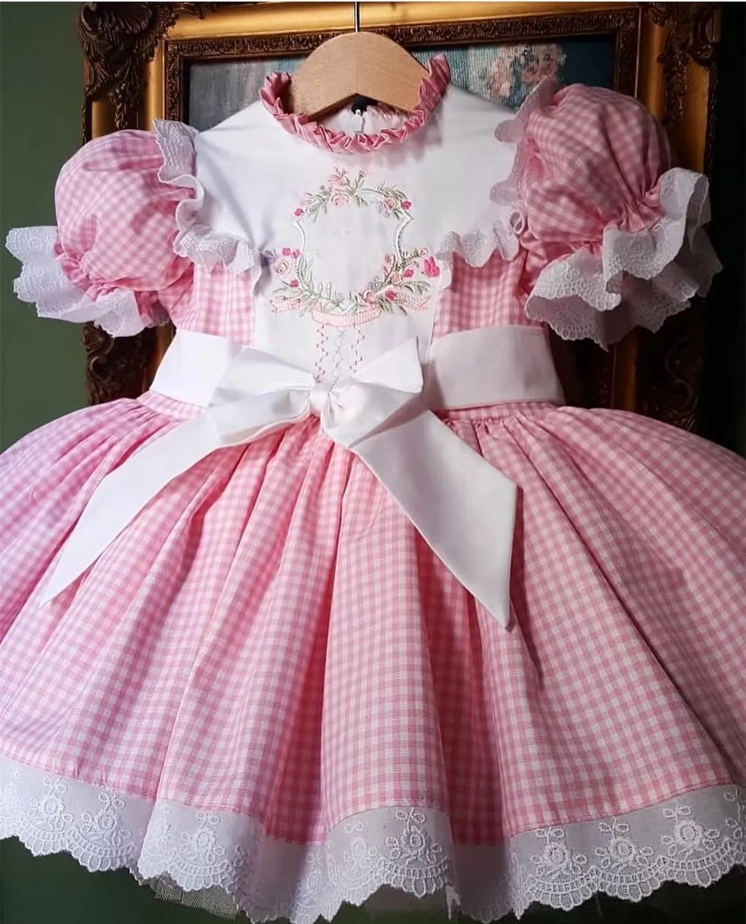 Color: Beige, Kid Size: 6 - Baby Summer Pink Plaid Flower Embroidery Turkish Princess Dress for Birthday Wedding Baptism Holiday Casual B138