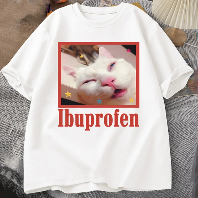 Color: Red, Size: XL - Ibuprofen Cat Meme Tshirt Funny Cat Graphic Tee Cute Cat Lover Cotton T-Shirt Casual Funny T Shirts Unisex Oversized Tshirt Tee
