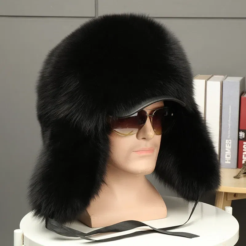 Color: Dark Grey, Hat Size: 54 - 2025 Winter 100% Real Silver Fox Fur Bomber Hat Raccoon Fur Ushanka Cap Trapper Russian Men's Ski Hats Caps