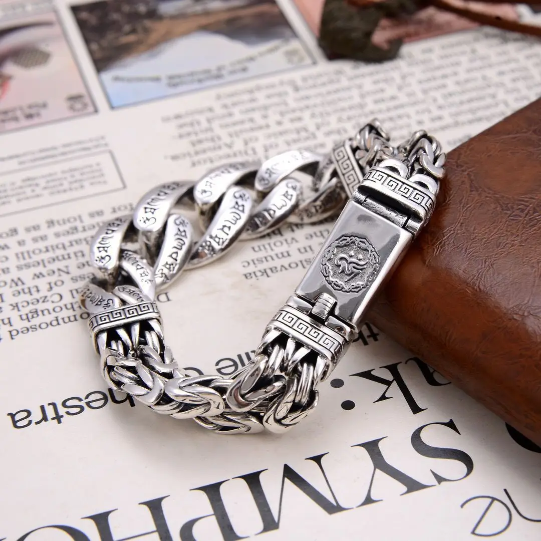 Metal Color: Light Yellow Gold Color, Gem Color: Red, Ships From: CHINA, Length: 23cm - S925 Sterling Silver Personalized Men and Women Bracelets Six-Character Peace Pattern Cuban Chain Jewelry Exquisite Gift