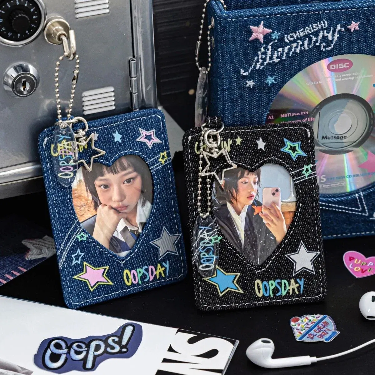 Color: Red - Y2K Style Jeans 3Inch Photocard Holder for 3 Inch Photo Cool Girl Cards Holder with Keychain K-Pop Idol Photocard Case