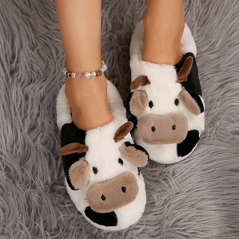 Shoe Size: 42-43 - Ladies' Winter Slippers Cute Cartoon Heart Animal Cow Fur Warm Cotton Anti-Slip Home Comfortable Girls' Footwear