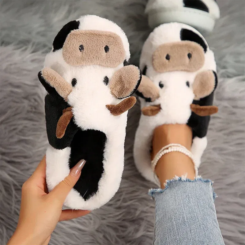 Shoe Size: 42-43 - Ladies' Winter Slippers Cute Cartoon Heart Animal Cow Fur Warm Cotton Anti-Slip Home Comfortable Girls' Footwear