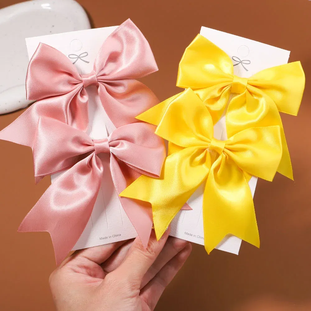 Color: Sky blue - 2Pcs/set Delicate Ribbon Cheer Bows Hair Clip for Kids Solid Color Hairpins Barrettes Handmade Headwear Girl Hair Accessories