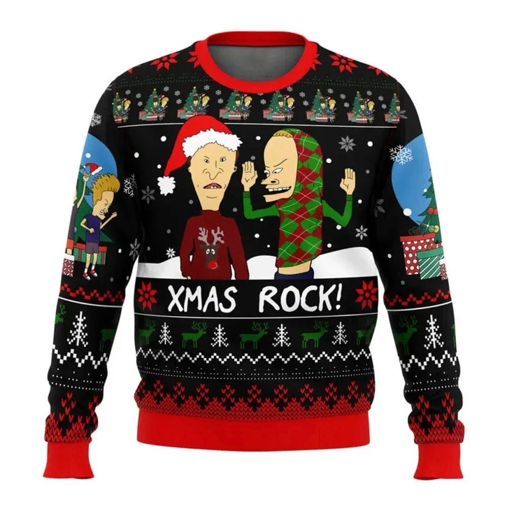 Color: GRAY, Size: XXL - Xmas Rock Beavis and Butthead Ugly Christmas Sweater Cartoon Anime Women Men Pullover Tops New Fashion Couple Hoodie Sweatshirt