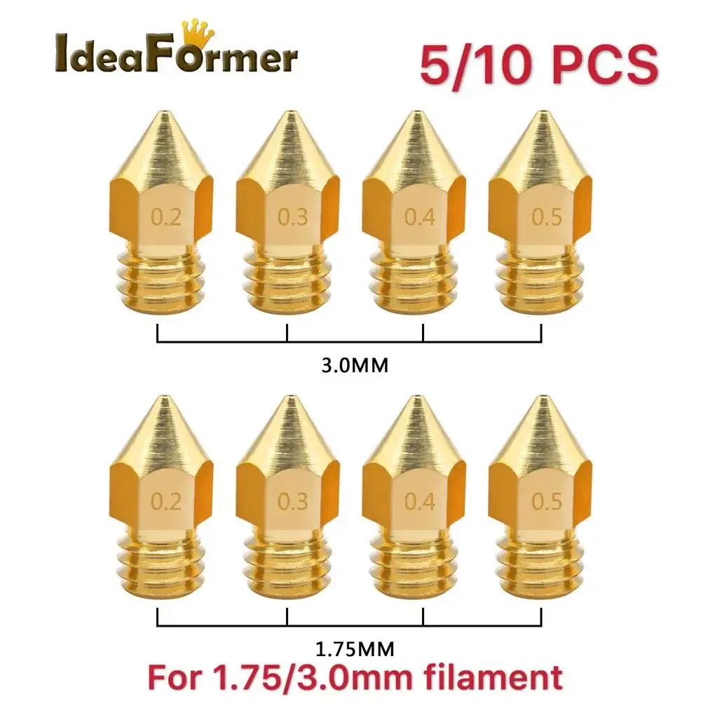 Color: Black, Size: 1mm - 5/10pcs MK8 Brass Nozzle 1.75/3.0mm Filament Extruder Print Head Nozzle 0.2/0.3/0.4/0.5mm for CR10 CR10S Ender3 3D Printer Parts