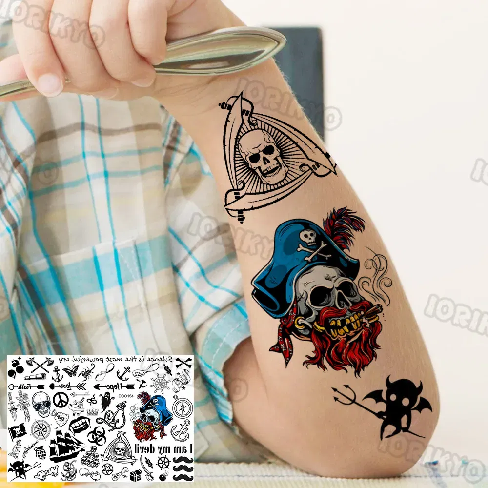 Color: green - Anchor Pirate Temporary Tattoos For Kids Toddler Boy Adult Men Women Black Whale Tattoo Sticker Fake Transfer Small Tatto Face