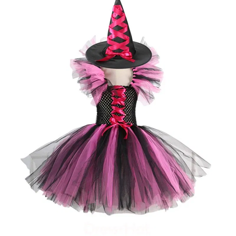 Color: Yellow, Kid Size: 5 - Halloween Witch Tutu Dress for Girls Handmade Mesh Bat Wizard Cosplay Costumes with Hat Broom Toddler Evil Party Clothes Set