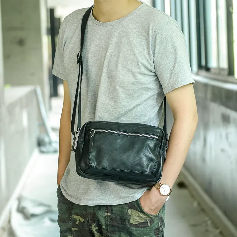 New Men's Leather Shoulder Bag Head Layer Cowhide Mini Casual Small Satchel Handmade Fashion Messenger Bags Black Yellow Cowhide
