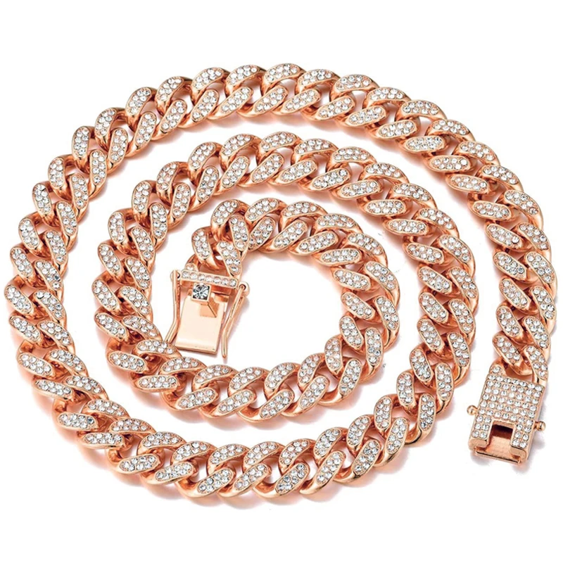 Metal Color: Rust Red, Length: 50cm - Men Women Hip hop Iced Out Bling Chain Necklace High quality 13mm width Miami Cuban Chain HipHop Necklaces Fashion Jewelry
