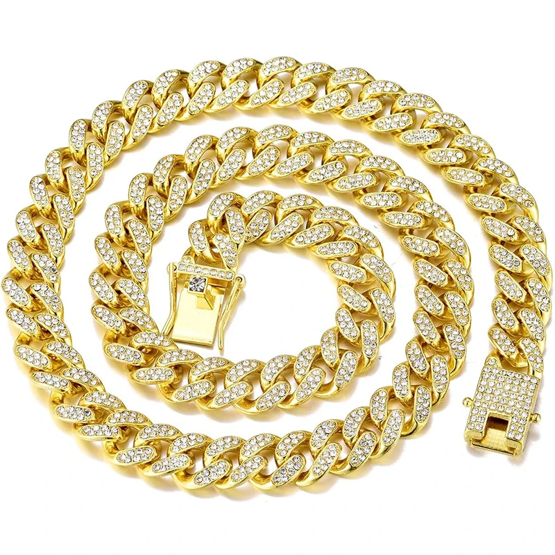 Metal Color: Rust Red, Length: 50cm - Men Women Hip hop Iced Out Bling Chain Necklace High quality 13mm width Miami Cuban Chain HipHop Necklaces Fashion Jewelry