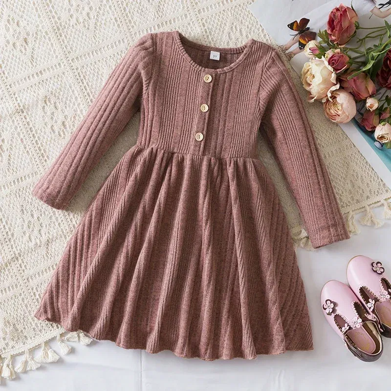 Color: green, Kid Size: 9 - Autumn and Winter Girls Knitted Sweater Dress Solid Color Soft Long Sleeve Dress Children Christmas Costume Birthday Casual Wear