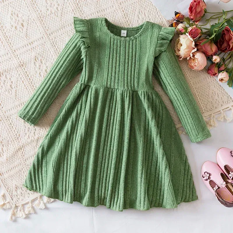 Color: green, Kid Size: 9 - Autumn and Winter Girls Knitted Sweater Dress Solid Color Soft Long Sleeve Dress Children Christmas Costume Birthday Casual Wear