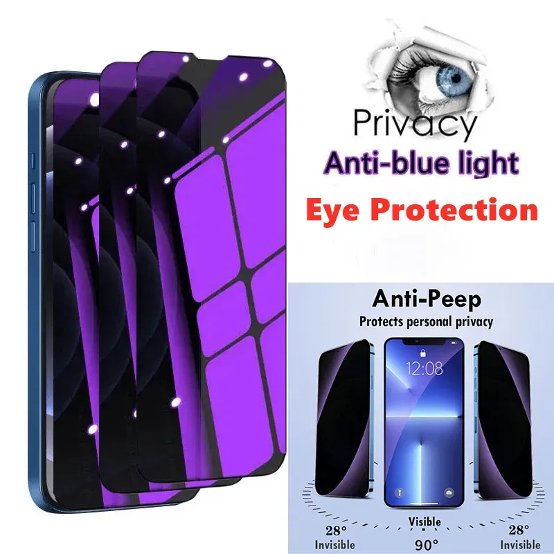 Color: Glazed - Anti Blue Light Privacy Tempered Glass for iPhone 16 15 Pro Max 14 Plus 13 12 Mini 11 Eye Protection Clear Screen Protector Film