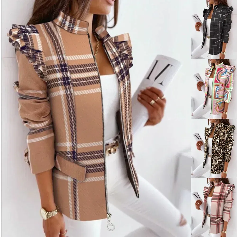 Color: WHITE, Size: XXL - 2022 Autumn and Winter Ruffled Long-sleeved Zipper Print Small Suit Jacket Women Blazers for Women Cropped Blazer Ladies Tops