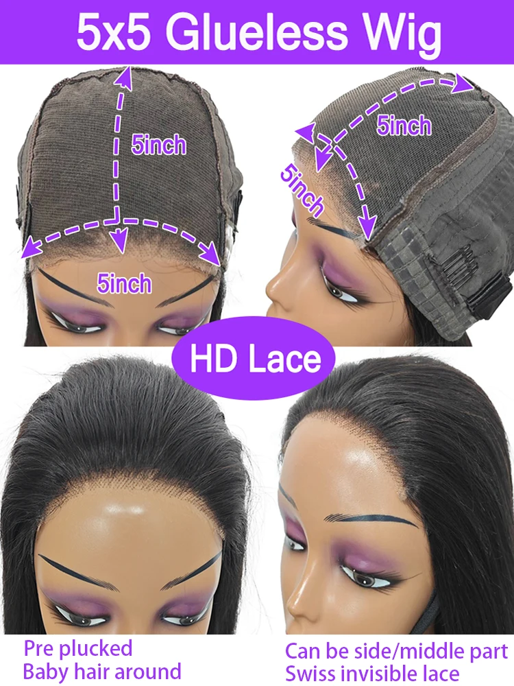 Hair Color: #1B, Density: 220%, Ships From: CHINA, Stretched Length: 30inches - 5x5 Glueless Wig Wear and Go Human Hair Ready To Wear HD Lace Glueless Wigs Bone Straight Lace Front Human Hair Wig For Women