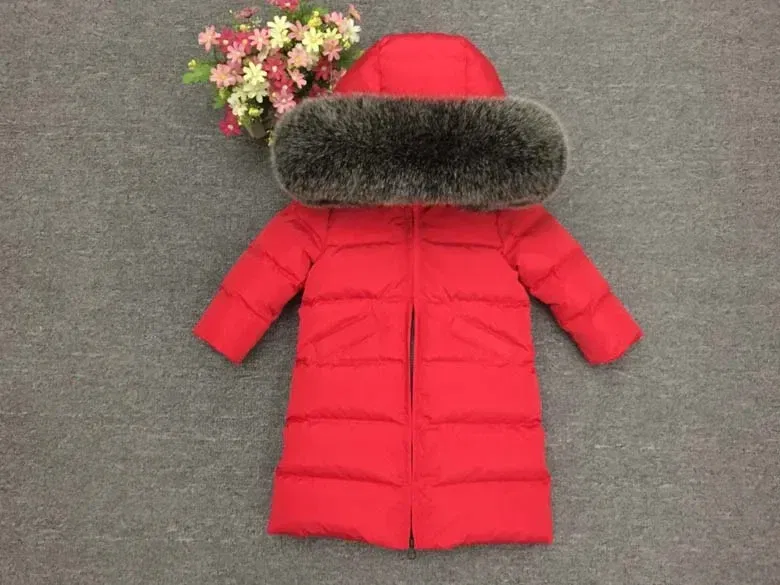 Color: Blue, Kid Size: 3T - Children Girl boy Winter real fur thickened down jackets 90 down Long Coat jacket overcoat baby kids clothing -30 outwear ws1245