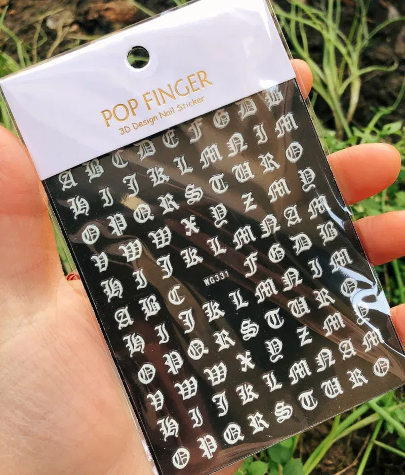 Color: Orange - 1PCS New English Alphabet Nail Stickers Multi-Color Laser Reflective Nail Slider Art Cool Text Nail Kit