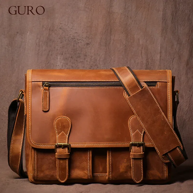 GURO Vintage Crazy Horse Leather Messenger Bag Men's Genuine Luxury Sling Shoulder Bag Office Briefcase Crossbody 12.9 Inch Ipad