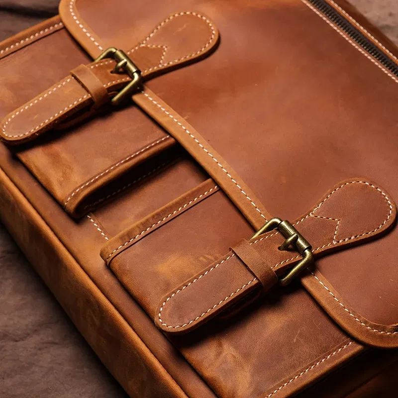 GURO Vintage Crazy Horse Leather Messenger Bag Men's Genuine Luxury Sling Shoulder Bag Office Briefcase Crossbody 12.9 Inch Ipad