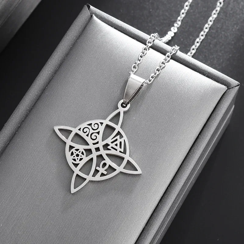 Metal Color: Antique Silver Plated - Stainless Steel Silver Color Pattern Witch Knot Pendant Necklace Celtic Knot Lucky Jewelry Gift for Friends Family