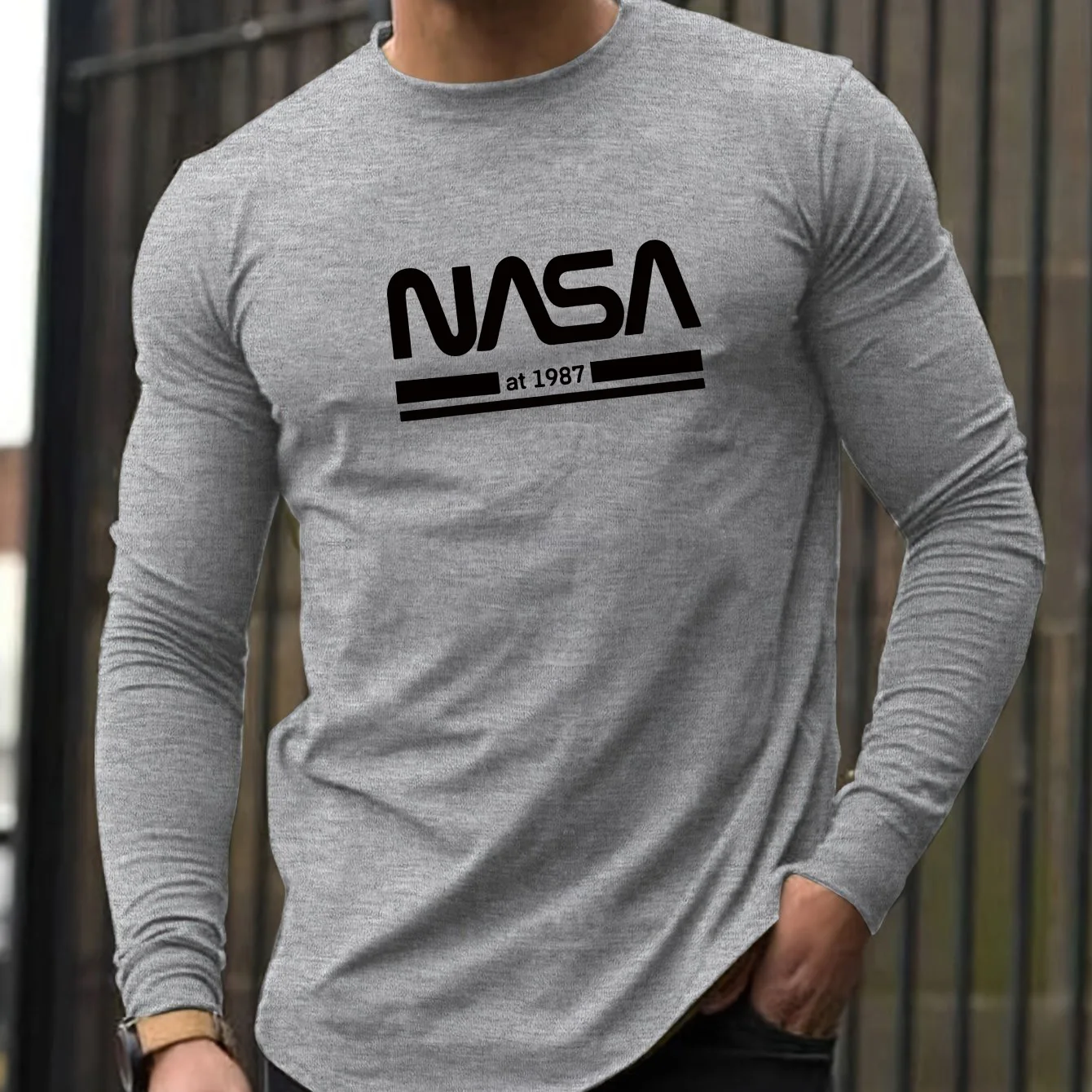 Color: GRAY, Size: S - Men's Spring and Autumn 100% Cotton Loose Comfortable Casual NASA Letter Printed Round Neck Long Sleeve T-shirt