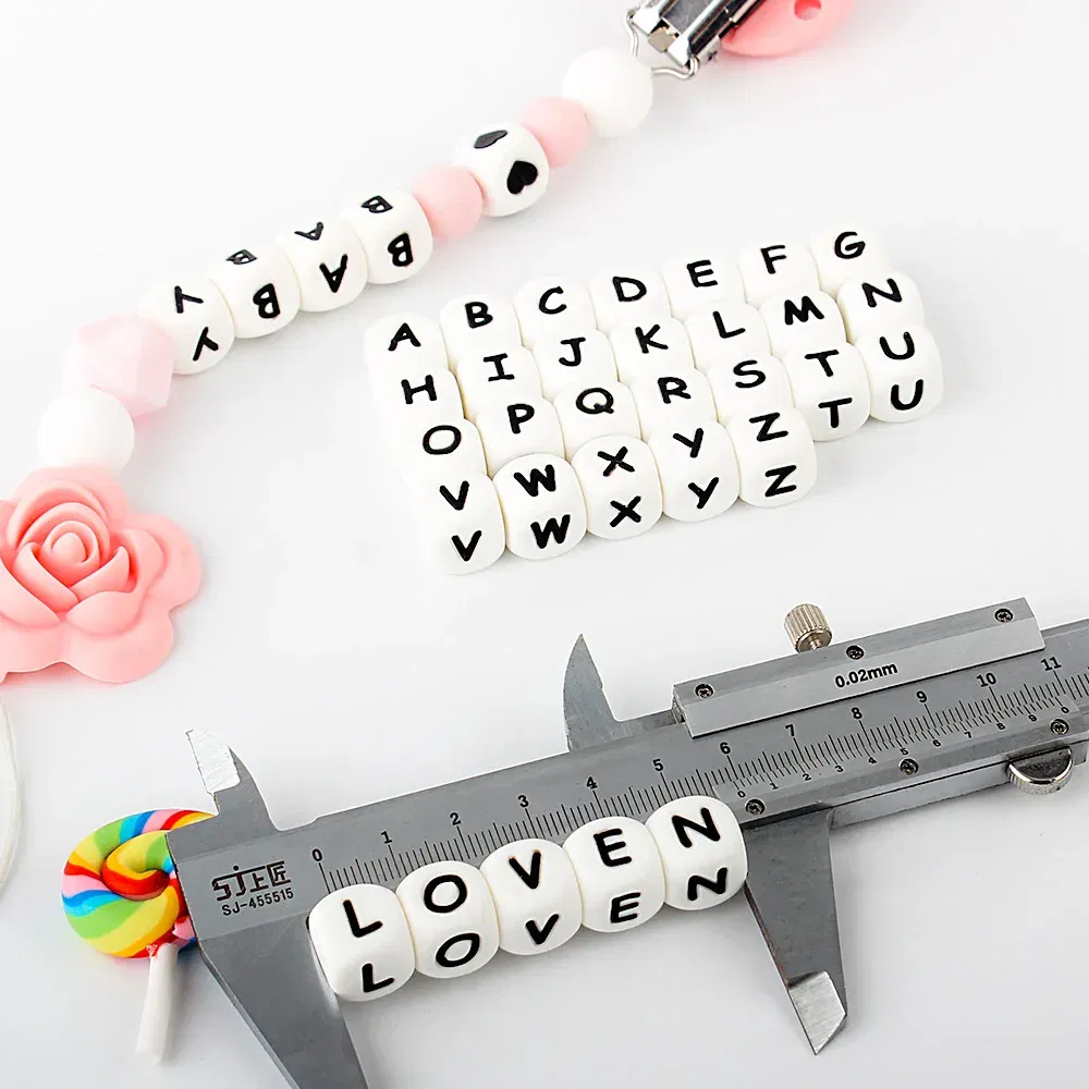 Color: DARK GRAY - 10pcs 12mm Baby Silicone Letters Beads for Pacifier Clips Alphabet Bead Baby Chew Teething Teether Nursing Children Gifts 100Pcs