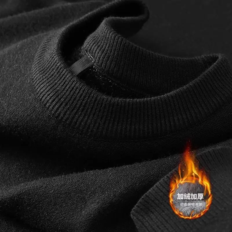 Color: black, Size: 4XL - Plush Men's Knitted Sweater Turtleneck with Velvet Padded Warm Solid Pullovers Autumn Winter Thick Bottom Casual O-Neck Sweater