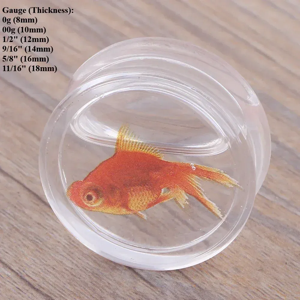 Metal color: Light Yellow Gold Color, Main Stone Color: Blue - 2Pcs Acrylic Liquid Goldfish Ear Plug Double Flared Saddle Flesh Tunnel Gauge Stretcher 8mm-18mm