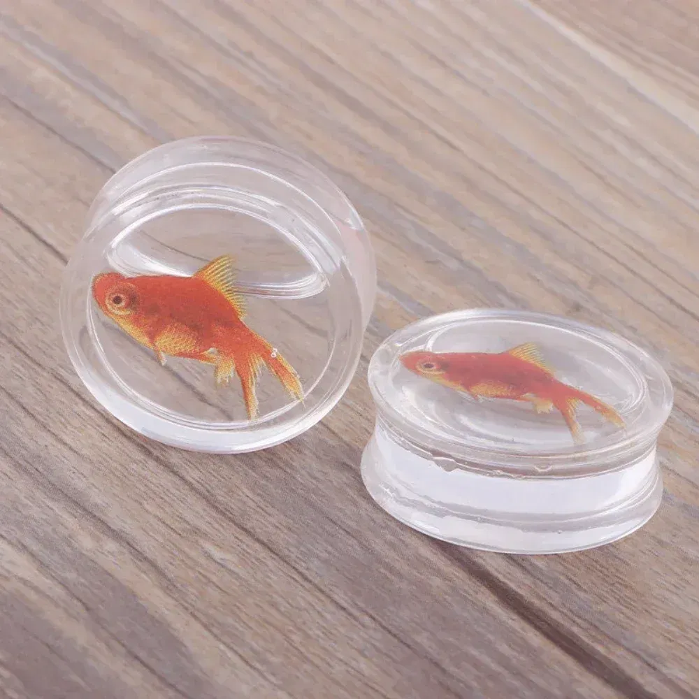 Metal color: Light Yellow Gold Color, Main Stone Color: Blue - 2Pcs Acrylic Liquid Goldfish Ear Plug Double Flared Saddle Flesh Tunnel Gauge Stretcher 8mm-18mm