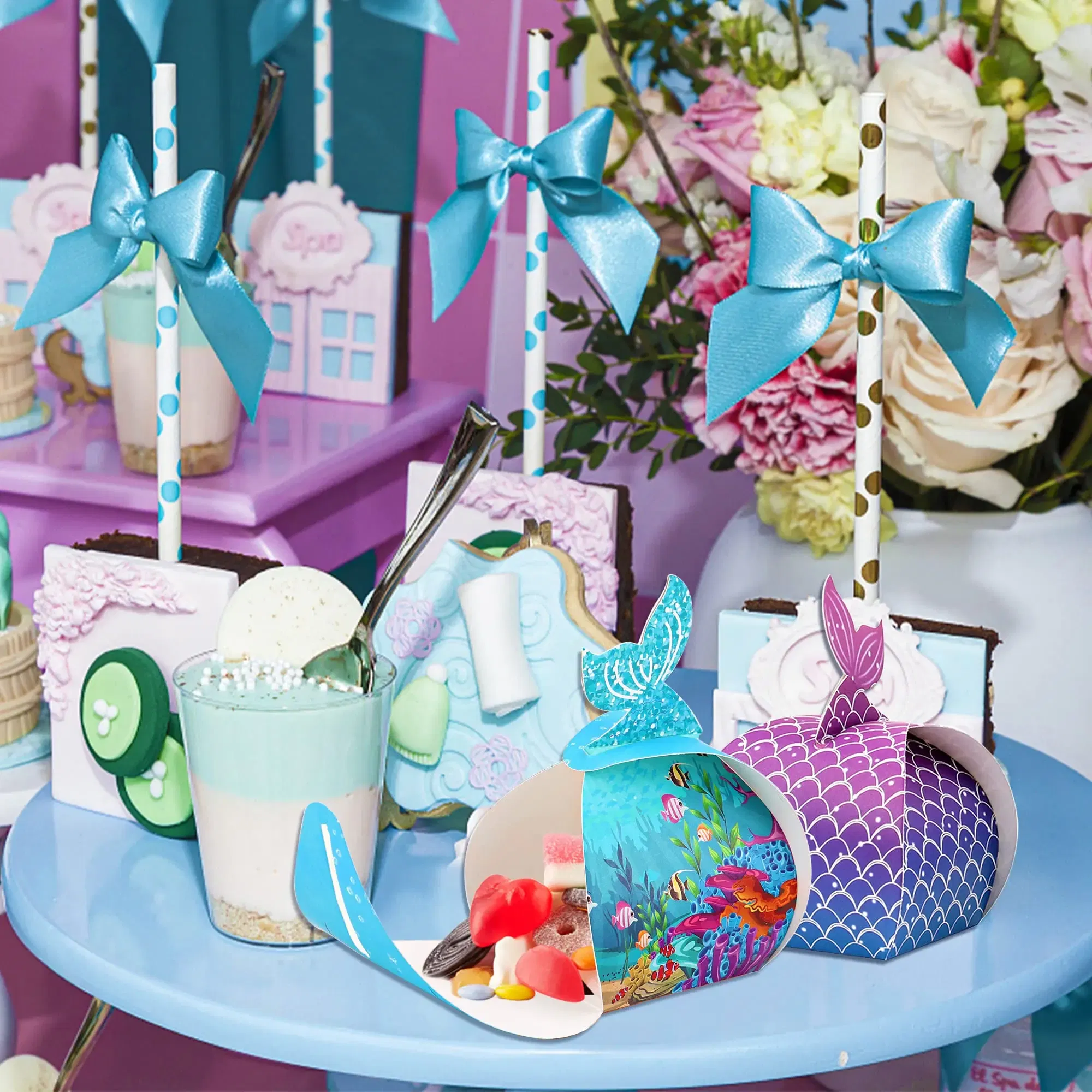 Color: Deep Sapphire, Gift Box Size: 5x5x5cm - 1pc Mermaid Tail Little Mermaid Birthday Party Treat Bag Under the Sea Themed Goodies Bags Candy Boxes Small Gifts for Guests